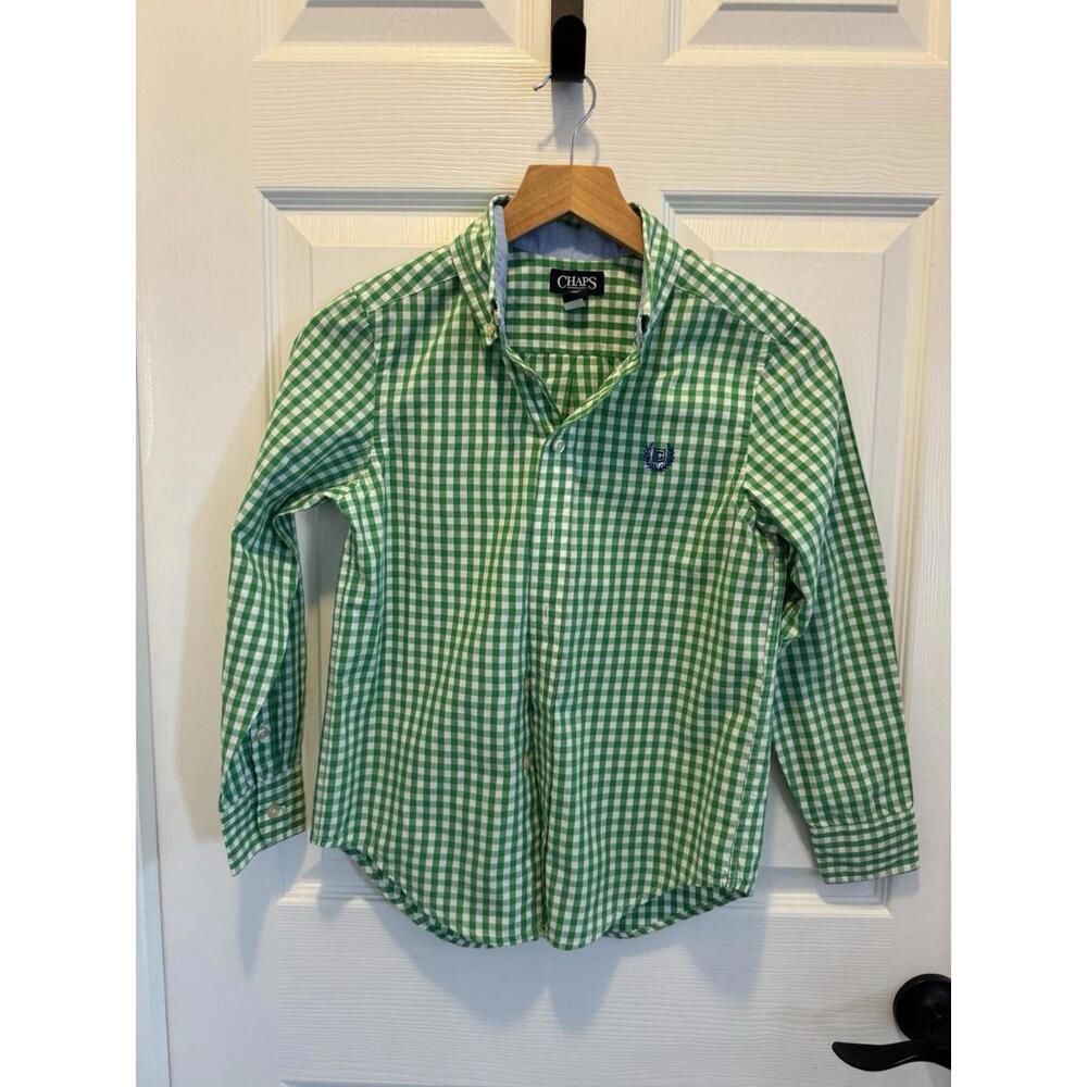 Chaps Ralph Lauren Boys Small Green Short Sleeve Button-Up Shirt Checkered - Picture 1 of 4